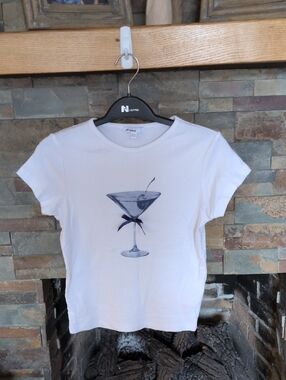 White Graphic Tee with Martini Print - Women’s Short Sleeve